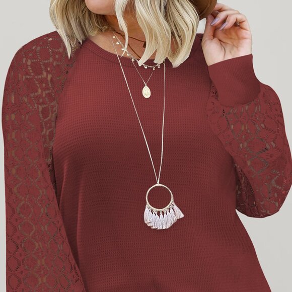 Unbranded Tops - Red Eyelet Lace Raglan Sleeve Drop Shoulder Plus Size Top